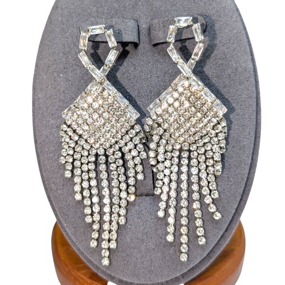 Rhinestone Fringe Dangle Round & Baguette Pierced Earrings - Picture 6 of 6